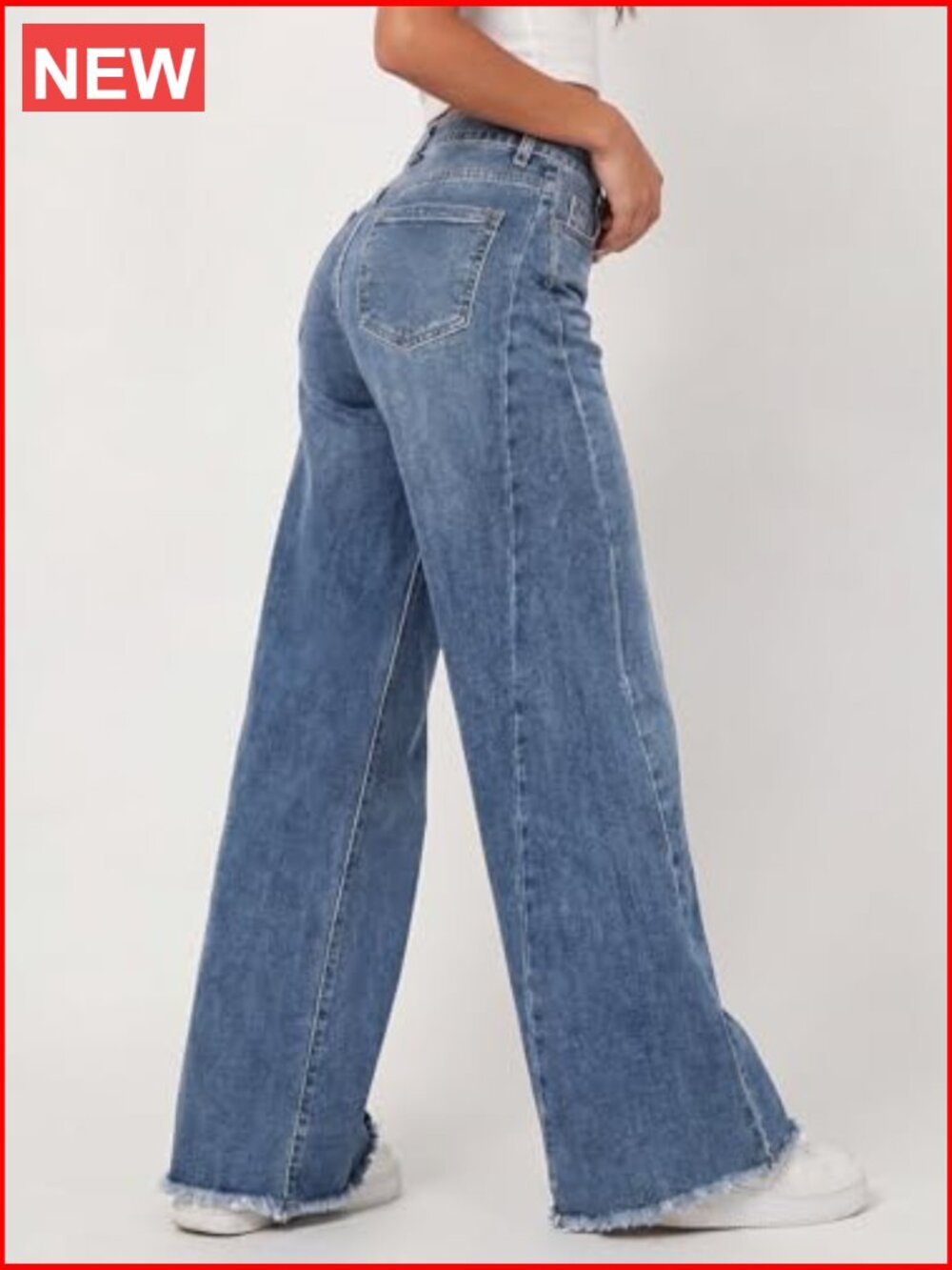 Wide Leg Jeans Raw Hem Relaxed Fit Denim Button Fly Stretch Waist - Picture 3 of 7